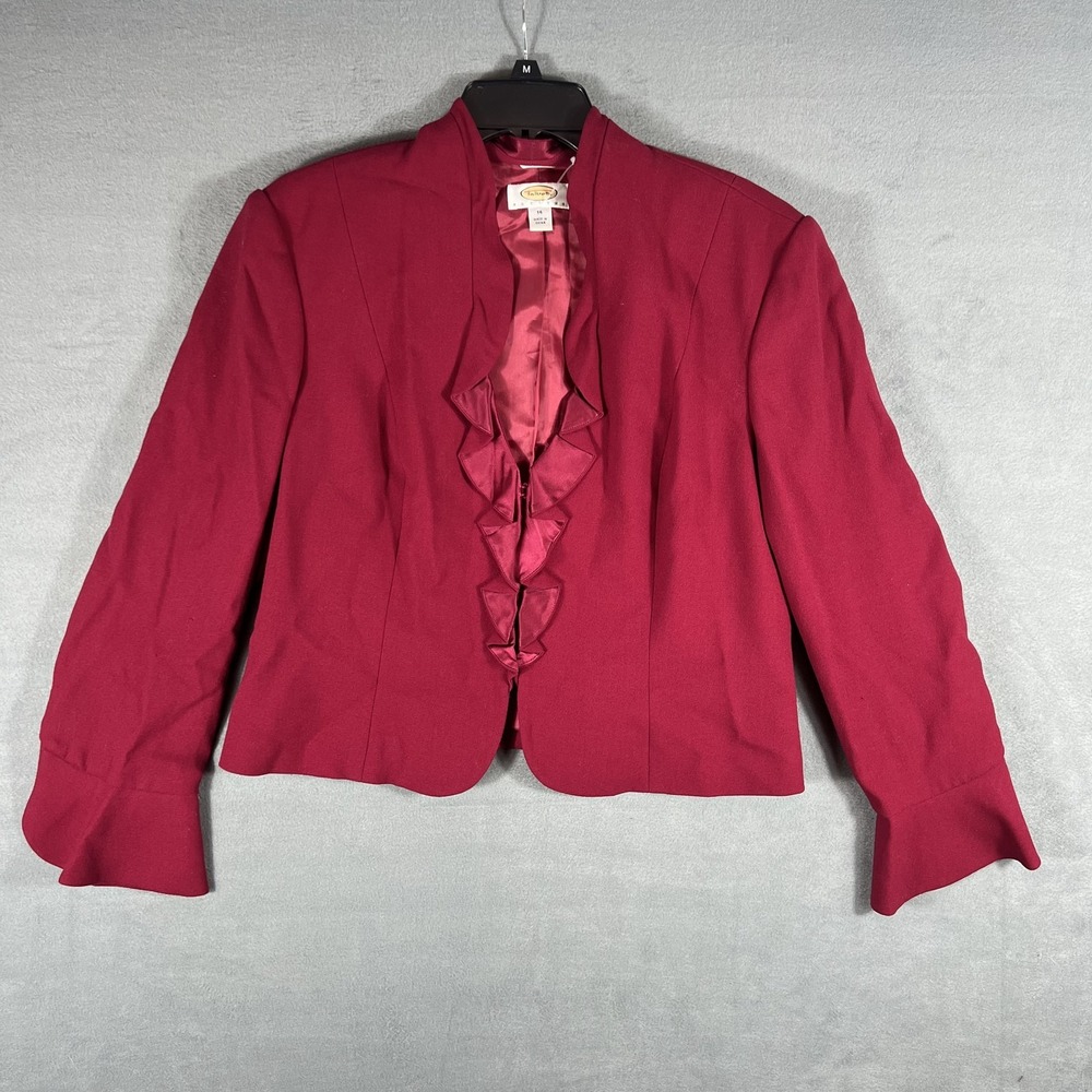 Talbots Petites Women's 14P Burgundy 100% Wool Ruffle Trim Blazer Jacket Lined